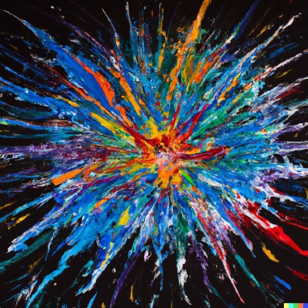 A centered explosion of colorful powder on a black background, hand-drawn by van gough