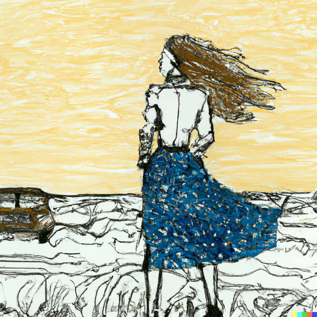 DALL·E-2023-03-17-17.54.23-A-very-fashioned-woman-standing-at-the-beach-looking-out-to-the-open-sea-while-her-dress-is-blowing-in-the-wind-hand-drawn-by-van-gough